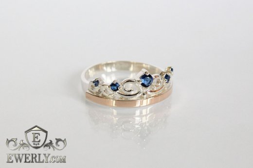 Ring - crown of silver with gold and blue cubic zirconia, фото