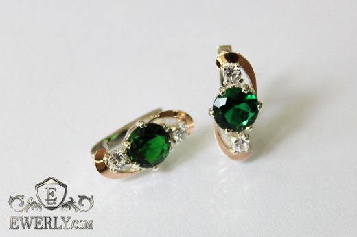 Серёжки из серебра с золотом и фианитами (зелёный цвет), фото