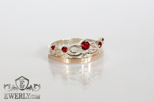 Silver ring - crown with red stones (cubic zirconia), фото