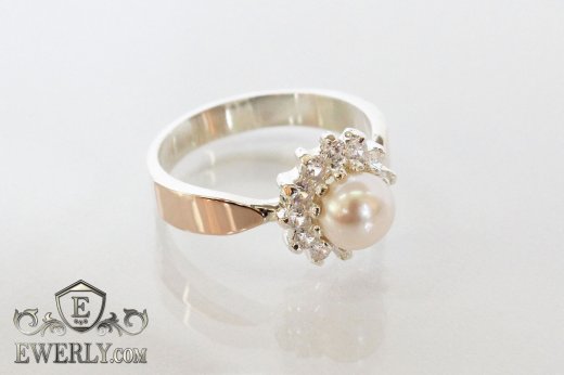 Silver ring - star with white pearl (cubic zirconia), фото