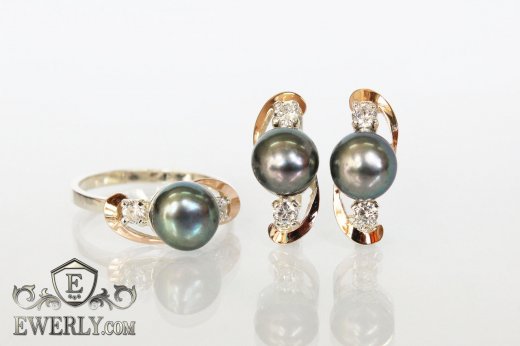 Серебряные серьги и кольцо с чёрным жемчугом, фото