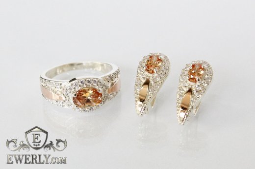 Серебряные серёжки и кольцо с камнями (цвет-шампань), фото