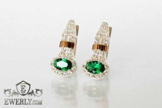 Серебряные серьги - капли с золотыми пластинами (зелёные камни), фото