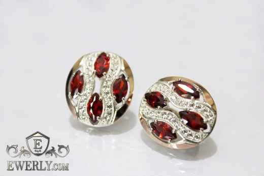Серёжки из серебра с камнями (цвет - гранат), фото