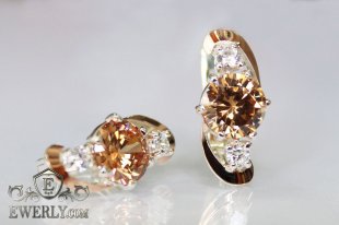 Серёжки из серебра с золотом и фианитами (цвет-шампань), фото