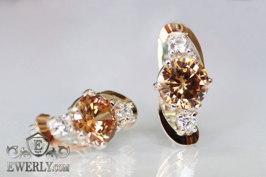 Серёжки из серебра с золотом и фианитами (цвет-шампань), фото