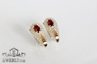 Серебряные серьги - капли с золотом и красными камнями, фото