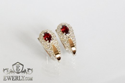 Серебряные серьги - капли с золотом и красными камнями, фото