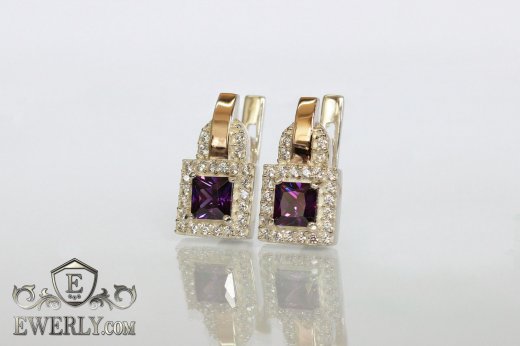 Серебряные серьги с золотыми вставками и фианитами (цвет-аметист), фото