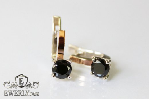 Серьги из серебра с золотом и фианитами (чёрный цвет), фото