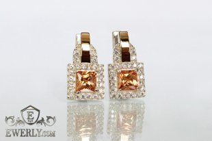 Серебряные серьги с золотыми вставками и фианитами (цвет шампань), фото