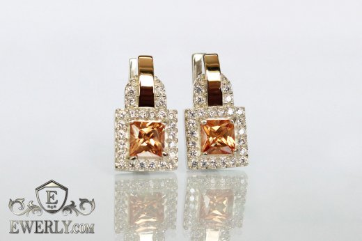 Серебряные серьги с золотыми вставками и фианитами (цвет шампань), фото