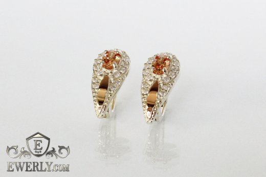 Серебряные серьги - капли с золотом и камнями (цвет шампань), фото