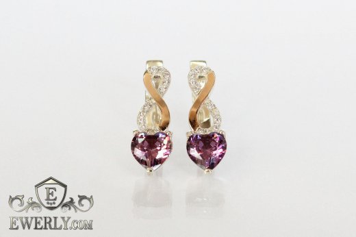 Серебряные серёжки с сердцем (камень цвета-аметист), фото