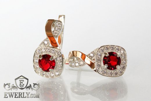 Серебряные серёжки с камнями (фианиты гранатового цвета), фото