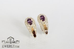 Серебряные серьги - капли с золотом и камнями (цвет аметиста), фото