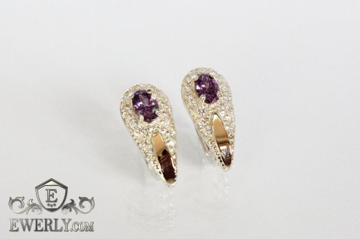 Серебряные серьги - капли с золотом и камнями (цвет аметиста), фото