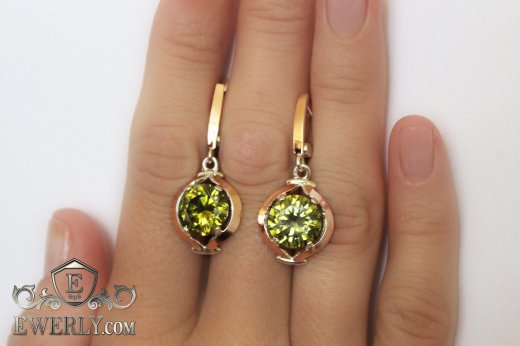 Серебряные серёжки с камнями (цвет - олива), фото