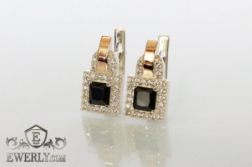 Серебряные серьги с золотыми вставками и чёрными фианитами, фото