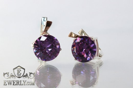 Женские серебряные серёжки с камнями (цвет аметиста) и золотом, фото