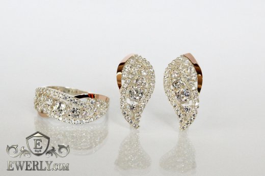 Женский набор: серьги и кольцо из серебра с белыми камнями, фото