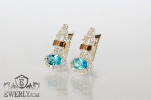 Серебряные серьги - капли с золотыми пластинами (светло-голубые камни), фото