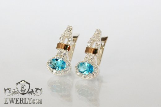 Серебряные серьги - капли с золотыми пластинами (светло-голубые камни), фото