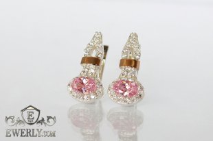 Серебряные серьги - капли с золотыми пластинами (розовые камни), фото