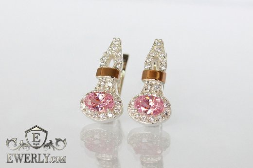 Серебряные серьги - капли с золотыми пластинами (розовые камни), фото