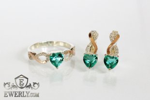 Серебряные серёжки и кольцо с сердцем (камень зелёного цвета), фото