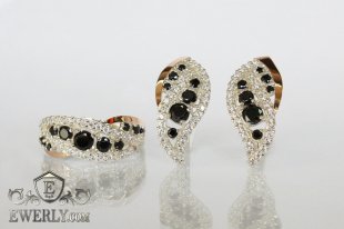 Женский набор: серьги и кольцо из серебра с чёрными камнями, фото