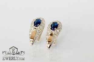 Серебряные серьги - капли с золотом и синими камнями, фото