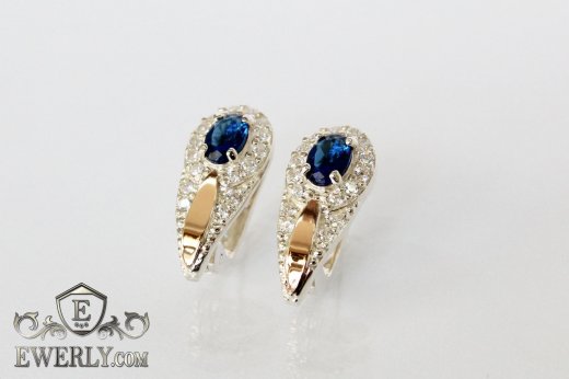 Серебряные серьги - капли с золотом и синими камнями, фото