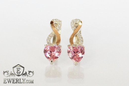 Серебряные серёжки с сердцем (розовый камень), фото