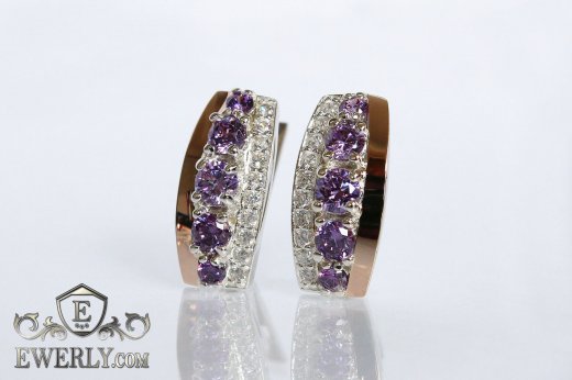 Серебряные серьги с фианитами (цвет-аметист), фото