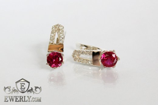 Серебряные серьги с фианитами (рубиновый цвет), фото