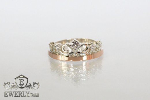 Silver Crown - women's ring with gold and white stones, фото