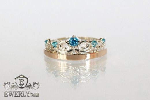 Silver crown - ring with blue cubic zirconia, фото