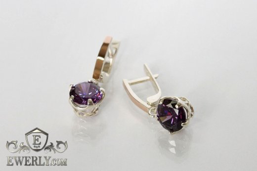 Женские серёжки из серебра с камнями аметистового цвета, фото