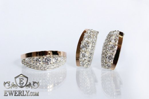 Кольцо и серёжки из серебра с золотом (белые камни), фото