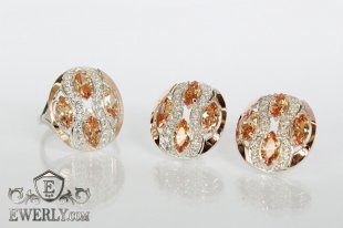 Серьги и кольцо из серебра c золотом и камнями (цвет-шампань), фото