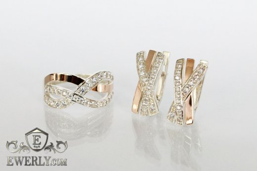 Серебряные серьги и кольцо с золотом (белые камни), фото