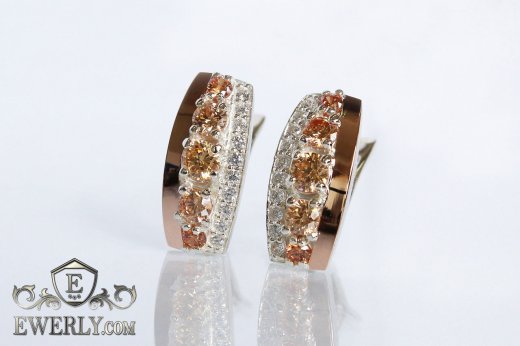 Серебряные серьги с фианитами (цвет-шампань), фото