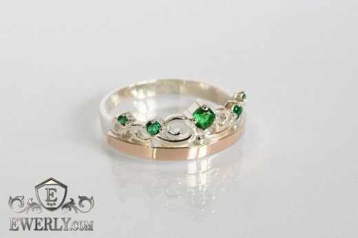 Women's ring - crown with green cubic zirconia, фото