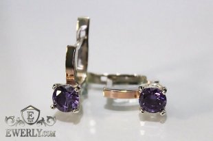 Серьги из серебра с золотом и фианитами (аметистовый цвет), фото