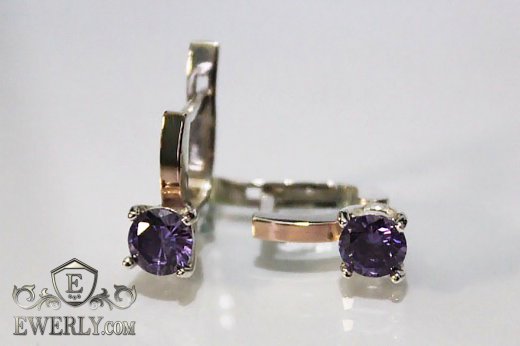 Серьги из серебра с золотом и фианитами (аметистовый цвет), фото