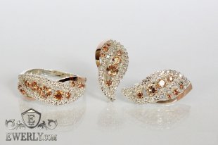 Женский набор: серьги и кольцо из серебра с камнями (цвет-шампань), фото