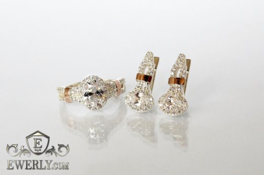 Женский набор: серёжки и кольцо из серебра с камнями (цвет-шампань), фото