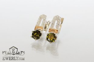 Серебряные серьги с фианитами (цвет - олива), фото