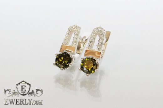 Серебряные серьги с фианитами (цвет - олива), фото